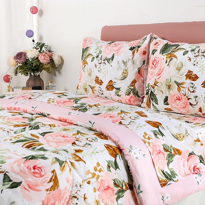 DILIMI Twin Comforter Set for Girls, Reversible Pink Floral Comforter Twin Size Bed, 5 Pieces Ultra Soft Twin Bedding Sets with Comforter, Flat Sheet, Fitted Sheet, 2 Pillowcase