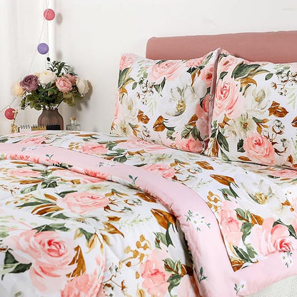 DILIMI Full Size Comforter Set for Girls, Reversible Comforter Full Size, 5 Pieces Ultra Soft Pink Floral Full Size Bed Comforter Sets with Sheet, Comforter, Flat Sheet, 2 Pillowcase