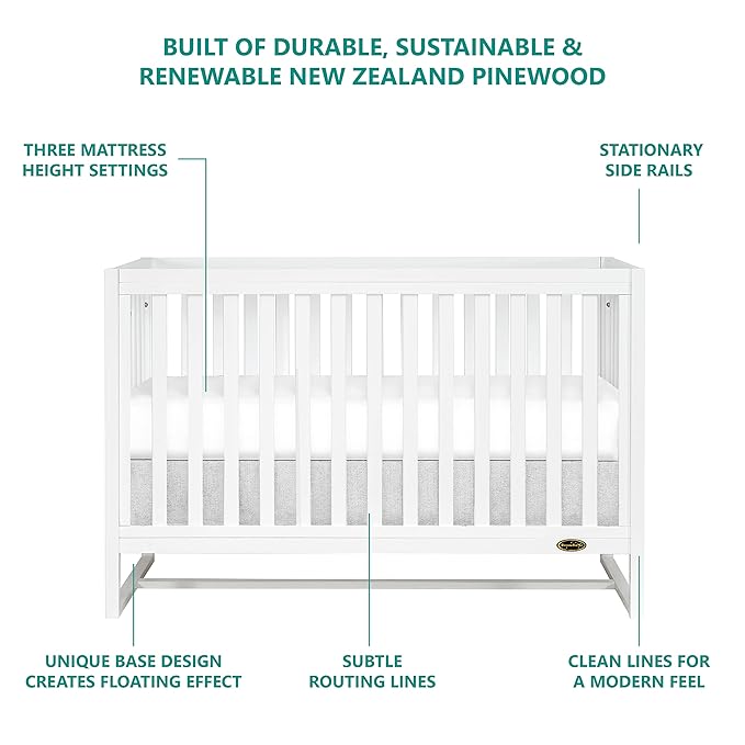 Arlo 5-in-1 Convertible Crib in White, JPMA Certified, 3 Mattress Height Settings, Non-Toxic Finish, Made of Sustainable and Sturdy Pinewood