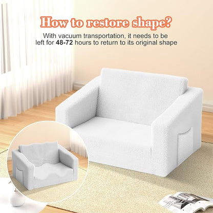 Extra Wide 2 Seater Kids Couch, 2-in-1 Toddler Chairs for Boys & Girls, Kids Sofa with Storage, Comfortable Mini Couch for Kids, Fun Kids Lounge Chair, Toddler Furniture,Children's Gifts(white)
