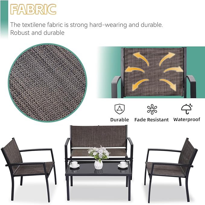4 Pieces Patio Furniture Set Outdoor Garden Patio Conversation Sets Poolside Lawn Chairs with Tempered Glass Coffee Table Loveseat Porch Furniture Textilene Fabric Brown