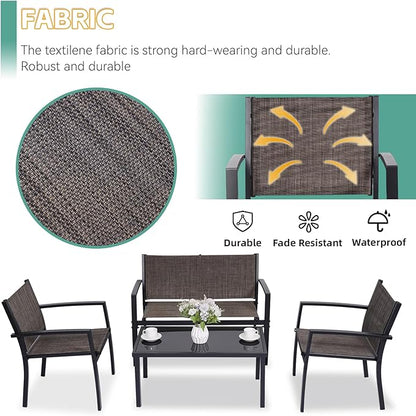 4 Pieces Patio Furniture Set Outdoor Garden Patio Conversation Sets Poolside Lawn Chairs with Tempered Glass Coffee Table Loveseat Porch Furniture Textilene Fabric Brown