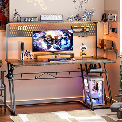 armocity 55'' Gaming Desk with Hutch and LED Lights, Gaming Computer Desk with Storage Shelves & Z-Shaped Legs, Reversible PC Gaming Desk with Pegboard, Ergonomic Desk for Bedroom, Grey Oak