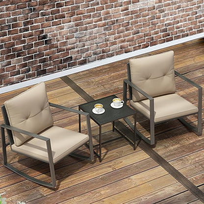 3 Piece Rocking Bistro Set - Synthetic Wicker Outdoor Furniture - Glass Coffee Table with 2 Chairs for Balcony, Patio & Porch - Black Metal, Soft Cushions (Coffee)