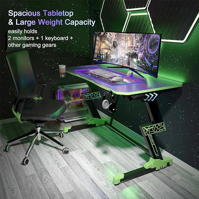 Gaming Desk 47 inch, PC Computer Desk RGB Light Gaming Table with Cup Holder, Earphone Hook, Power Strip Box, Green
