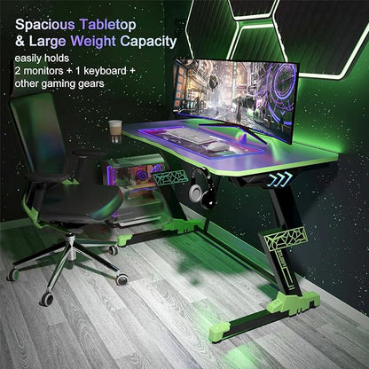 Gaming Desk 47 inch, PC Computer Desk RGB Light Gaming Table with Cup Holder, Earphone Hook, Power Strip Box, Green