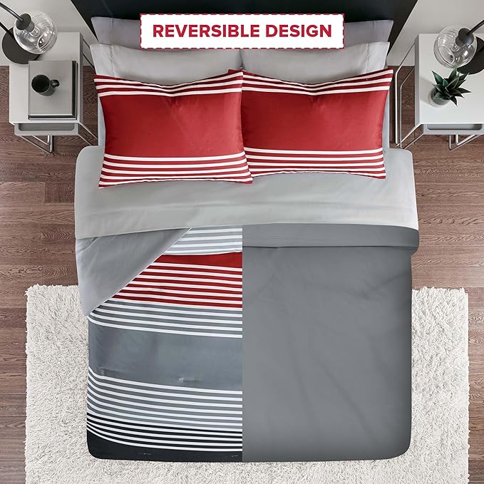 Comfort Spaces Twin Comforter Sets with Sheets - Bed in a Bag 6 Pieces Teen Bedding Sets Twin, Red and Grey Stripes Bedding Twin, College Twin Bed Set with 2 Side Pockets Bedroom Organizer