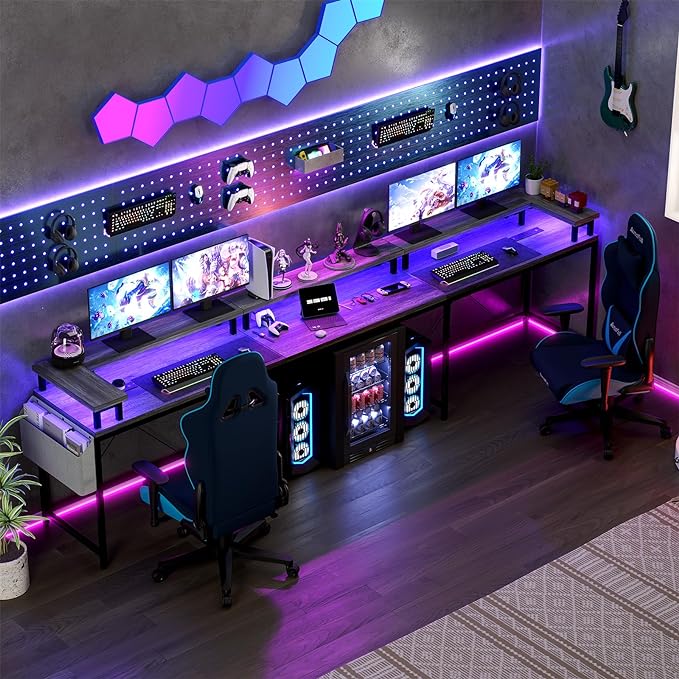 U Shaped Computer Gaming Desk, Reversible L Shaped Desk with Power Outlets, LED Strip & Monitor Stand, Large Corner Desk with Storage Shelves for Home Office, Grey Oak