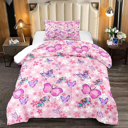 Kids Butterfly Comforter Set - Butterfly Twin Bedding Set Pink Butterflies Prints Bedding Set for Girls Room Cute Princess Bedding Sets for All Season Butterfly Bed Set, 1 Comforter + 1 Pillowcase