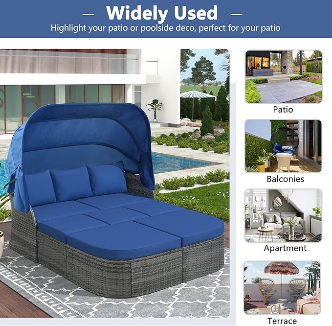 Rectangle Furniture Daybed Sunbed with Retractable Canopy, Outdoor Wicker Conversation Set with Cushions for Patio, Backyard, Porch, Garden, Bc-Blue + Rattan