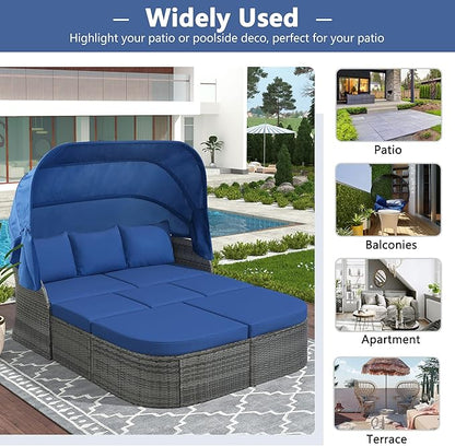 Rectangle Furniture Daybed Sunbed with Retractable Canopy, Outdoor Wicker Conversation Set with Cushions for Patio, Backyard, Porch, Garden, Bc-Blue + Rattan