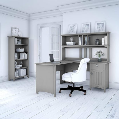 Bush Furniture Salinas 60W L Shaped Desk with Hutch and 5 Shelf Bookcase in Cape Cod Gray