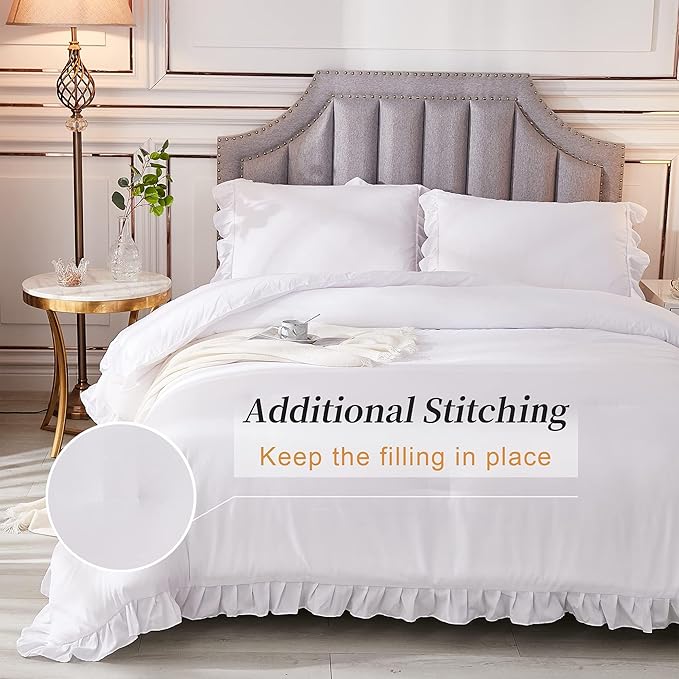 Andency White California King Comforter Set, 3 Pieces Shabby Chic Ruffle Solid Cal King Bedding Sets, Oversized All Season Soft Lightweight Down Alternative Bed Set for Adults Men Women