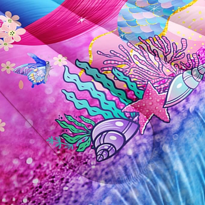 Mermaid Butterfly Comforter Set Queen Size Fairy Tale Sea Shell Grass Bedding Set Colorful Rainbow Quilt Bed Set for Kid Girls with 1 Comforter and 2 Pillowcases