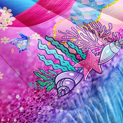 Mermaid Butterfly Comforter Set Queen Size Fairy Tale Sea Shell Grass Bedding Set Colorful Rainbow Quilt Bed Set for Kid Girls with 1 Comforter and 2 Pillowcases