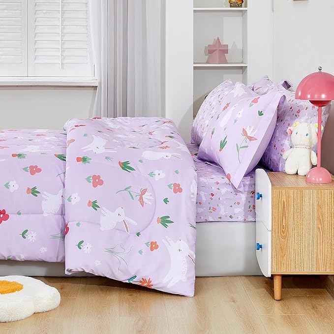 Mooreeke Bed in a Bag for Kids Girls Teens, 5 Pieces Twin Size Comforter Bed Set with Shams, Sheet Set, Rabbit Purple Super Soft Microfiber Kids Comforter Bedding Set