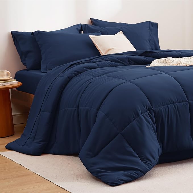 Bedsure Navy Twin Comforter Set - 5 Pieces Solid Twin Bed in a Bag, Twin Bed Set Navy with Quilted Warm Fluffy Comforters, Sheets, Pillowcase & Sham