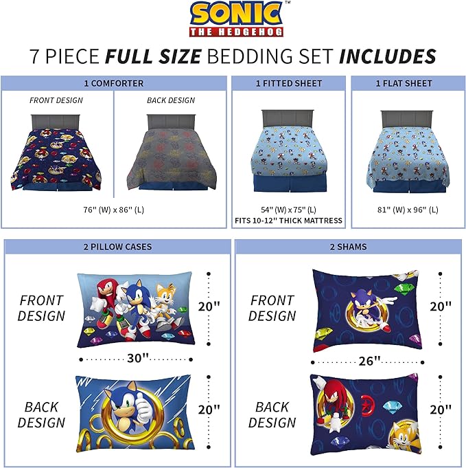 Franco Kids Bedding Super Soft Comforter and Sheet Set with Sham, 7 Piece Full Size, Sonic The Hedgehog