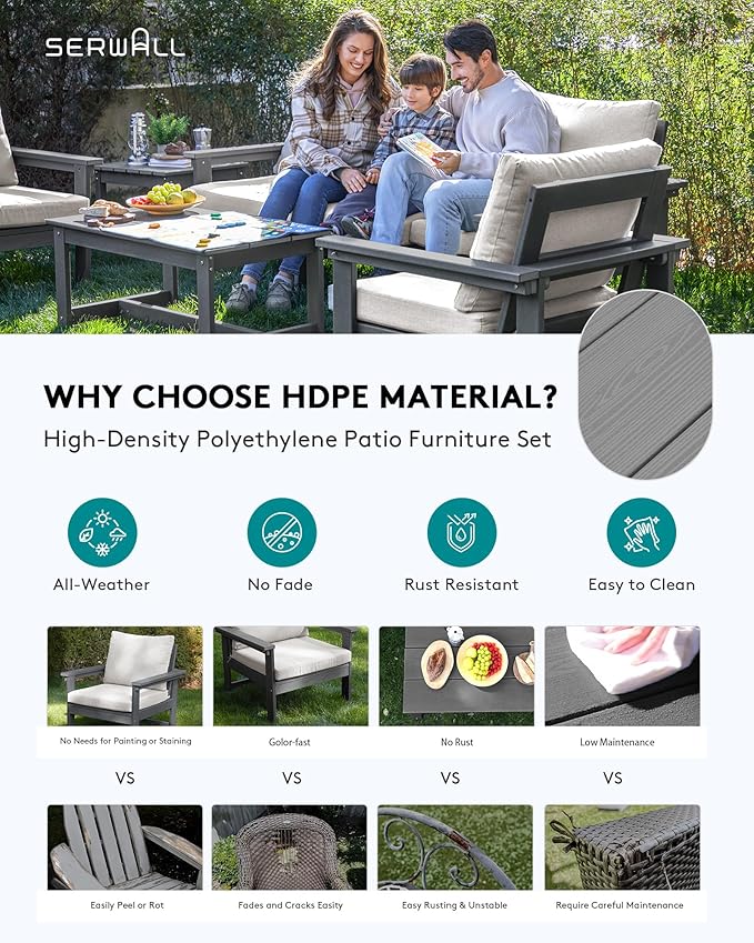 SERWALL HDPE Patio Coversation Set, 7-piece Outdoor Sectional Sofa Set, All Weather Patio Couch Set Patio Furniture for Balcony, Deck, Grey Frame with Khaki Cushion