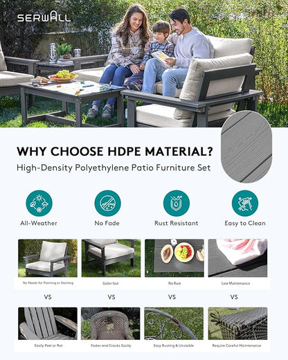 SERWALL HDPE Patio Coversation Set, 7-piece Outdoor Sectional Sofa Set, All Weather Patio Couch Set Patio Furniture for Balcony, Deck, Grey Frame with Khaki Cushion