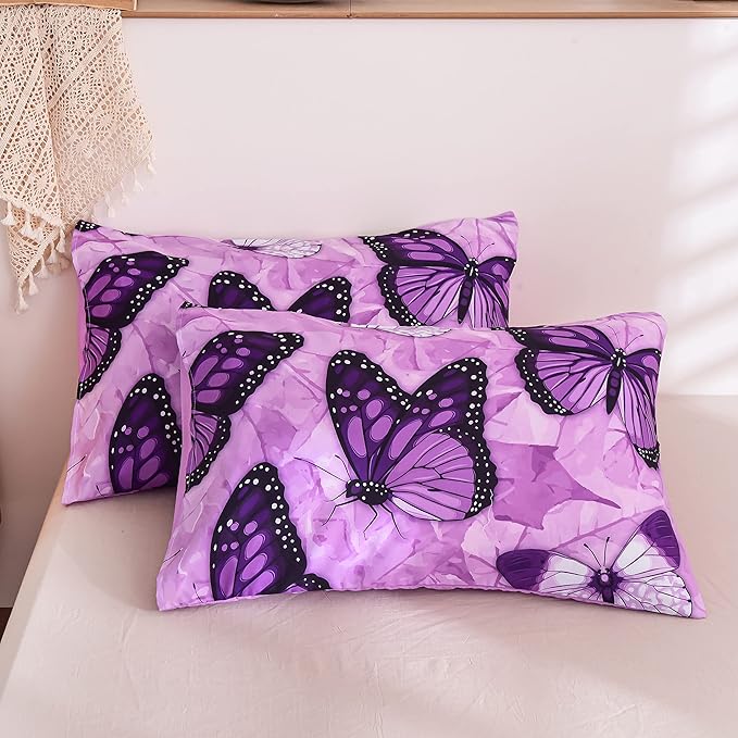 Btargot 3 Piece Purple Butterfly Girls Kids Adults Full Size Comforter Set, Lightweight Soft All Season Bedding Set with 2 Pillowcases