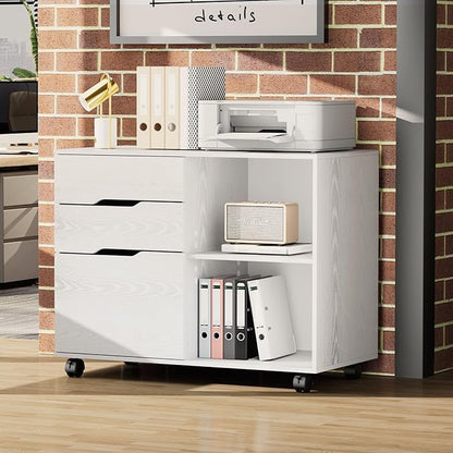Sweetcrispy 3-Drawer File Cabinet, Lateral Mobile Filing Cabinet Wood Under Desk Storage Organizer with Wheels, Printer Stand & Open Shelves for Home Office Organization - White