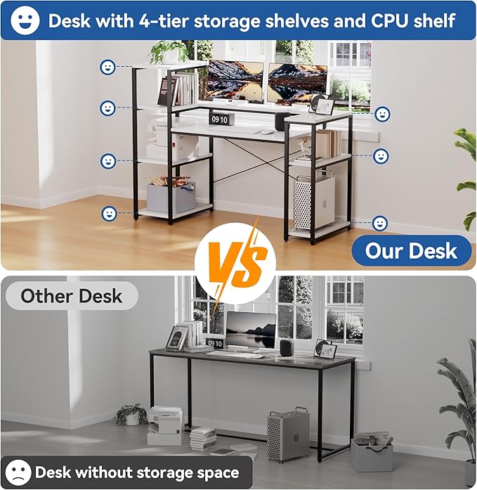 63-Inch Computer Desk with Printer Shelf, Teen Desk, Home Office Desk with Monitor Stand and Bookshelf for Study, Writing, PC Work, Gaming