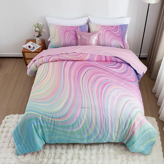 Btargot Super Soft 6 Pieces Gradient Wavy Line Comforter Set, Colorful Glitter Rainbow Star Pattern Bedding Set for Boys Girls Teens, Twin Pink Green