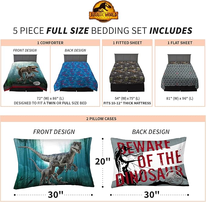 Franco Kids Bedding Super Soft Comforter and Sheet Set, 5 Piece Full Size, Jurassic World Dominion