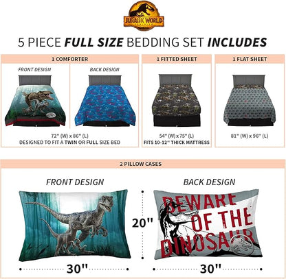 Franco Kids Bedding Super Soft Comforter and Sheet Set, 5 Piece Full Size, Jurassic World Dominion