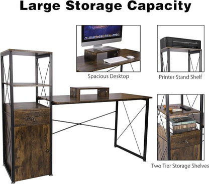 Becko US Computer Desk 63 Inch with Drawer & Storage Shelves, Home Office Desk with Removable Monitor Stand, Writing Gaming Table for Home Office (Rustic Brown)
