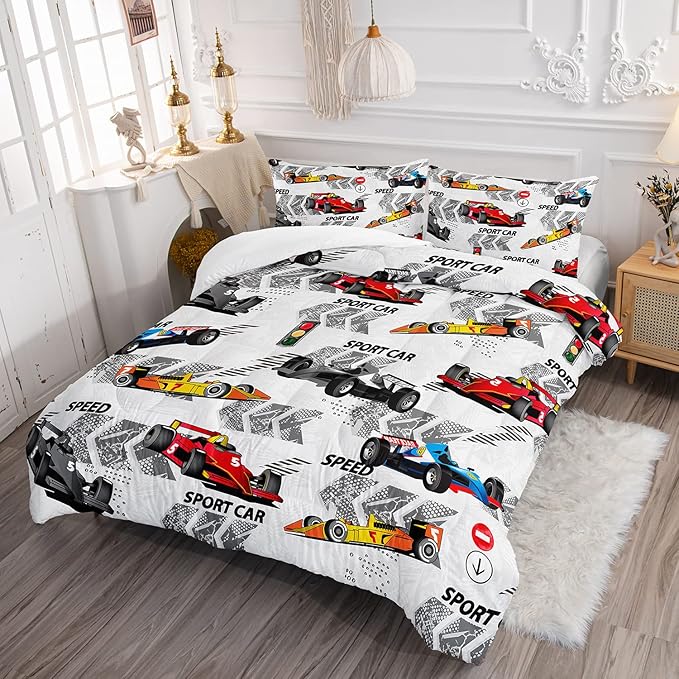 Axolotl Racing Car Comforter Set Queen Size,Extreme Sports Boys Bedding Set for Boys Teens Girls Car Racing Gifts,Race Cars Quilt Bed Set with 1 Comforter 2 Pillowcases,Multi Color