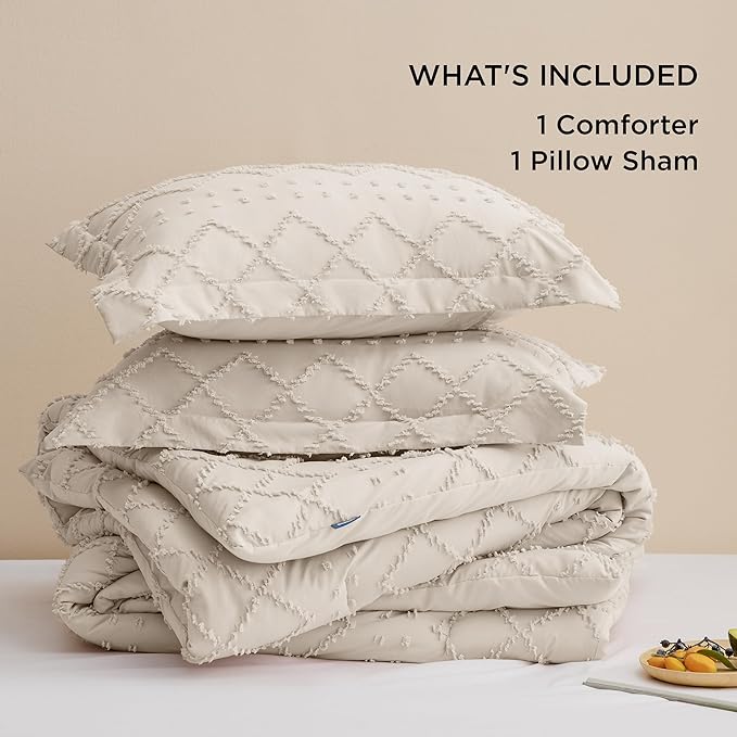 Bedsure Twin/Twin XL Comforter Set - Beige Boho Twin Extra Long Comforter Set for College, Shabby Chic Dorm Bedding Set, 2 Pieces Modern Farmhouse Bed Set, includes 1 Pillow Sham