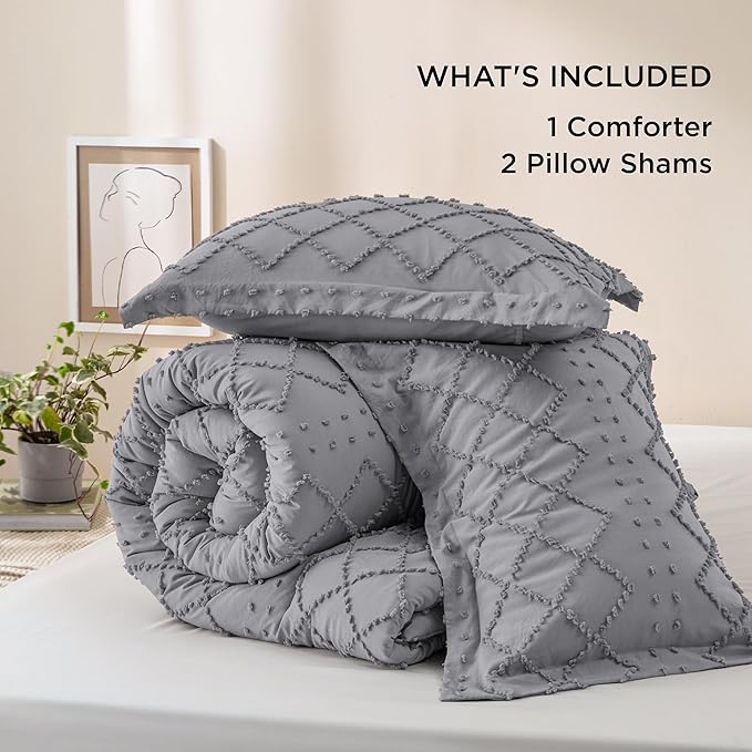 Bedsure California King Comforter Set - Grey Comforter, Boho Tufted Shabby Chic Bedding Comforter Set, 3 Pieces Farmhouse Bed Set for All Seasons, Fluffy Soft Bedding Set with 2 Pillow Shams