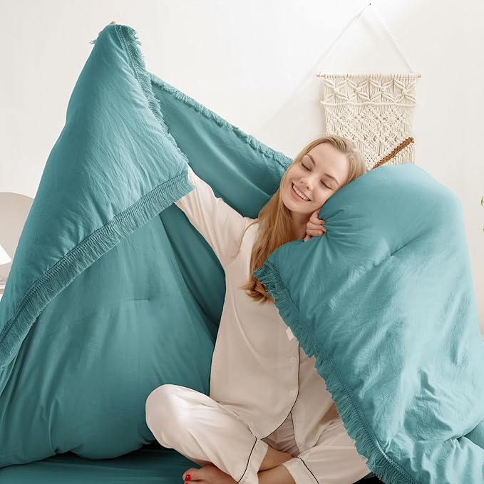 Andency Aqua Tassel Comforter Set Queen(90x90Inch), 3 Pieces(1 boho Comforter, 2 Pillowcases) Farmhouse Shabby Chic Comforter Set, Soft Microfiber Lightweight Fringe Bedding Comforter Set