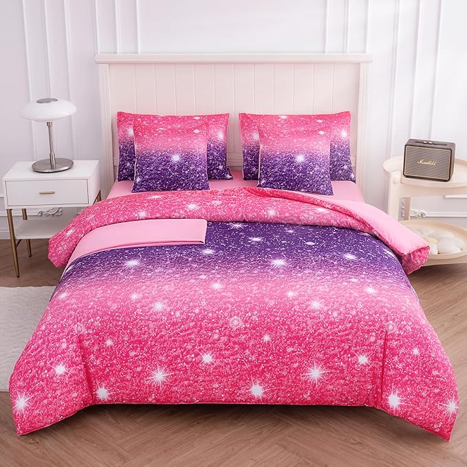 Full Size Bedding Sets Kids Bedding Sets for Girls,Galaxy Bedding 7pieces Glitter Pink Comforter Colorful Comforter Full Size Comforter Sets for Teen Girls(Purple)