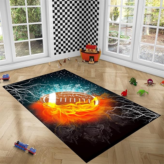 Football Rug Football Decor for Boys Bedroom Football Rug Water and Fire Cool Room Decoration Soccer Rug for Boys Room Football Printed Rug for Kids Room Playmat Rugs for Kid Room Living Room,2'5''×4'