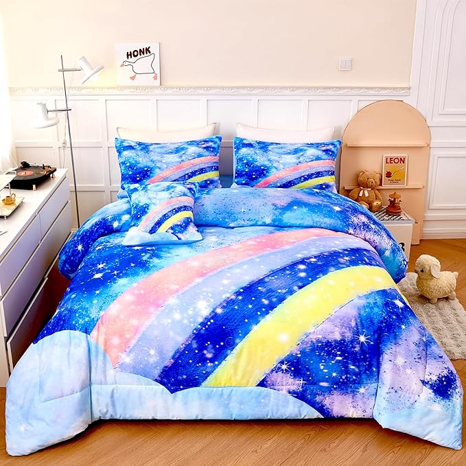 6Pcs Rainbow Girls Comforter Sets Full Size Blue Tie Dye Bed in A Bag for Kids/Teens Sparkle Galaxy Bedding Comforter Set Soft Lightweight Girls Bedding Sets for All Season