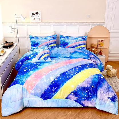 6Pcs Rainbow Girls Comforter Sets Full Size Blue Tie Dye Bed in A Bag for Kids/Teens Sparkle Galaxy Bedding Comforter Set Soft Lightweight Girls Bedding Sets for All Season