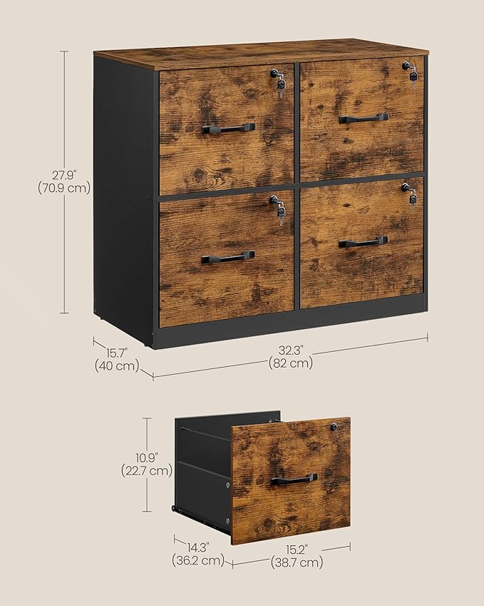 VASAGLE 4-Drawer File Cabinet, Filing Cabinet for Home Office, Printer Stand, with 4 Lockable Drawers, Adjustable Hanging Rail, for A4 and Letter-Size Files, Rustic Brown UOFC062B01