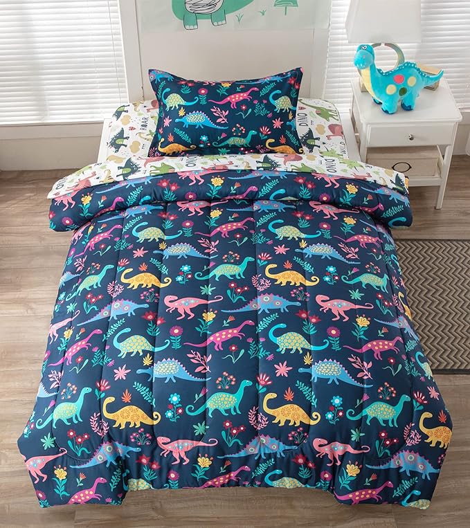 Dinosaur Twin Comforter Set for Boys Girls 4-Piece Dino Kids Bedding Sets Ultra Soft Cartoon Bedroom Set - Include Reversible Comforter, Flat Sheet, Fitted Sheet and Pillowcase, Blue