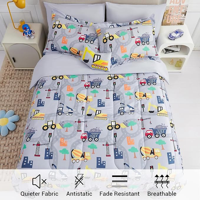 Mooreeke Bed in a Bag for Kids Boys Teens, 6 Pieces Twin Size Comforter Bed Set with Shams, Sheet Set and Decorative Toy Pillow, Excavator Super Soft Microfiber Kids Comforter Bedding Set