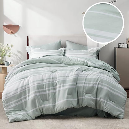 Bedsure Bed in a Bag California King Size 7 Pieces, Sage Green White Striped Bedding Comforter Sets All Season Bed Set, 2 Pillow Shams, Flat Sheet, Fitted Sheet and 2 Pillowcases