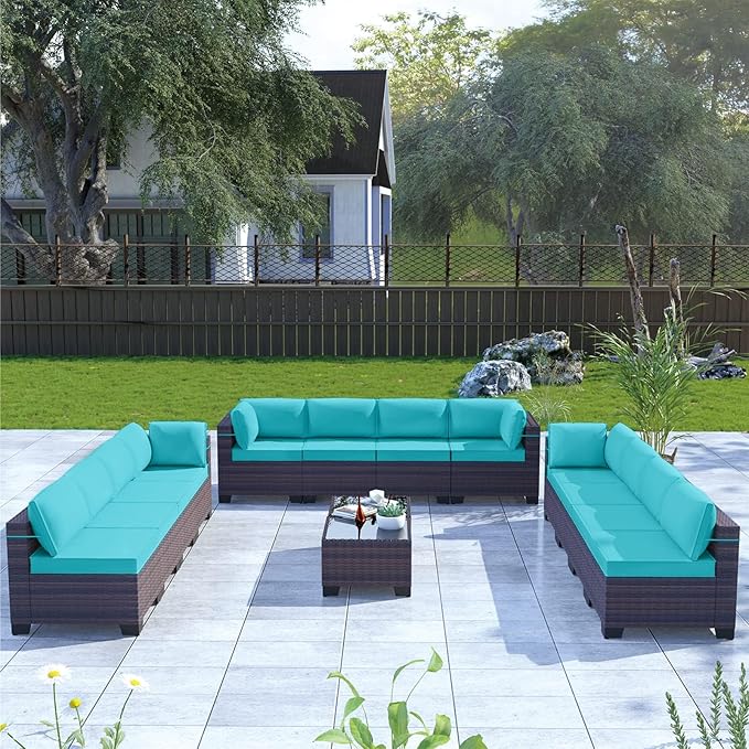 Kullavik 14PCS Outdoor Patio Furniture Set PE Wicker Rattan Sectional Sofa Patio Conversation Sets,Blue