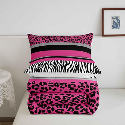 Zebra Stripes Comforter Leopard Print Comforter Set For Kids Boys Girls Pink Black White Zebra Leopard Fur Bedding Set Ultra Soft Decor Wild Animal Skin Texture Pattern Duvet Set Twin Size Quilt Set