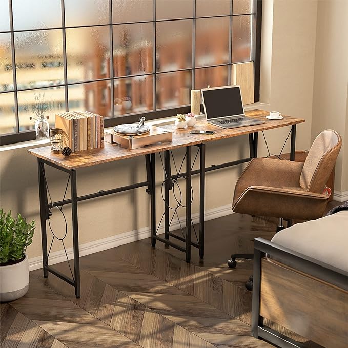 31.5" Computer Desk for Small Place, Foldable Desk Home Office Desk, Black Metal Frame, Modern Industrial Style Study Writing Table, No Assembly Required, Rustic Brown