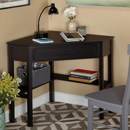 Target Marketing Systems Wood Corner Desk with One Drawer and One Storage Shelf, Black