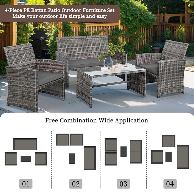 Shintenchi 4-Piece Outdoor Gray Wicker Patio Conversation Furniture Set, Rattan Patio Furniture Set with Weather Resistant Cushions and Tempered Glass Tabletop,Grey