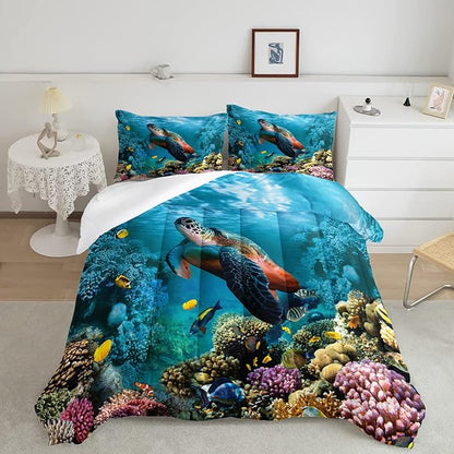 CVHOUSE Sea Turtle Bedding Set,Sea Turtle Comforter King,Ocean Beach Comforter Set for Boys Kids Girls,Ocean Quilt Set with 1 Comforter and 2 Pillow Cases