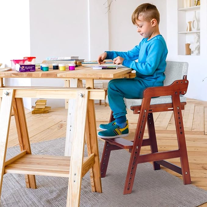 Ezebaby Wooden High Chair for Toddlers to Teens, Adjustable Kids Study Chair with Steps, Kids Dining Chair with Removable Cushion (Nut-Brown)